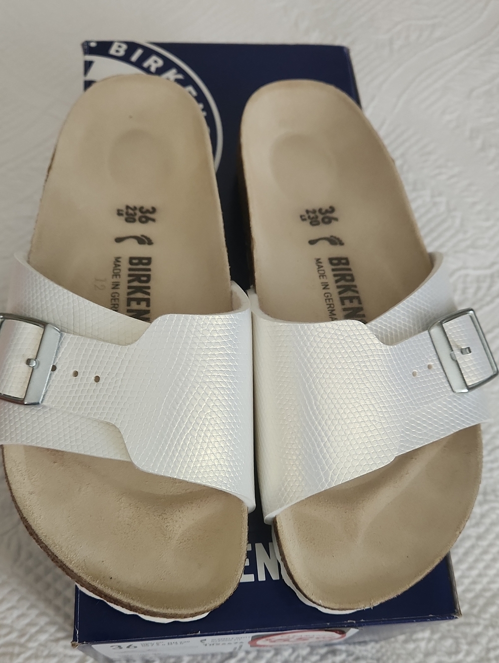 Birkenstock Shiny Lizard White Single Strap Sandals with Silver Buckles